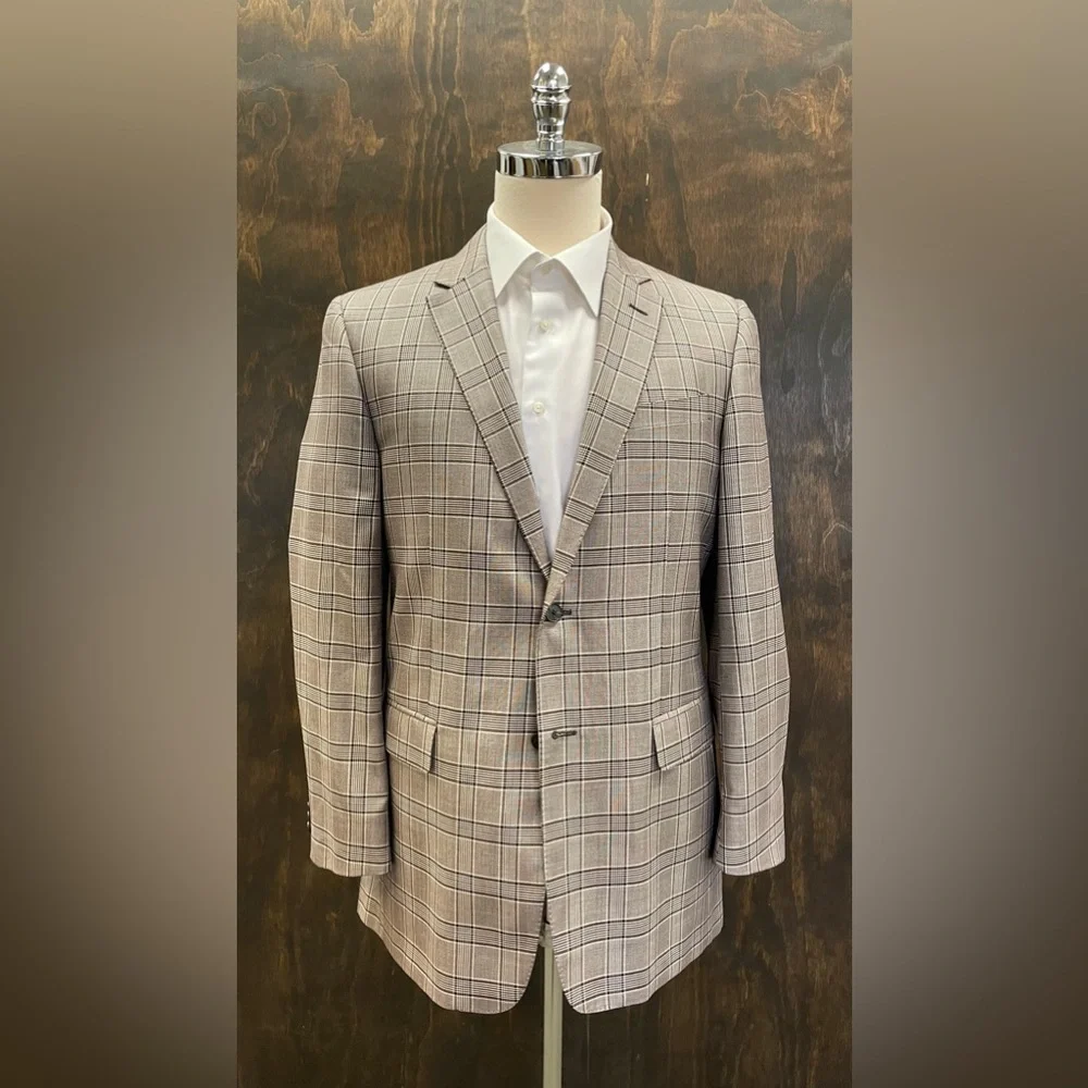 VALENTINO Check Print Wool & Silk ‎ 2-Button Jacket in Brown (Multi) Size 42 R